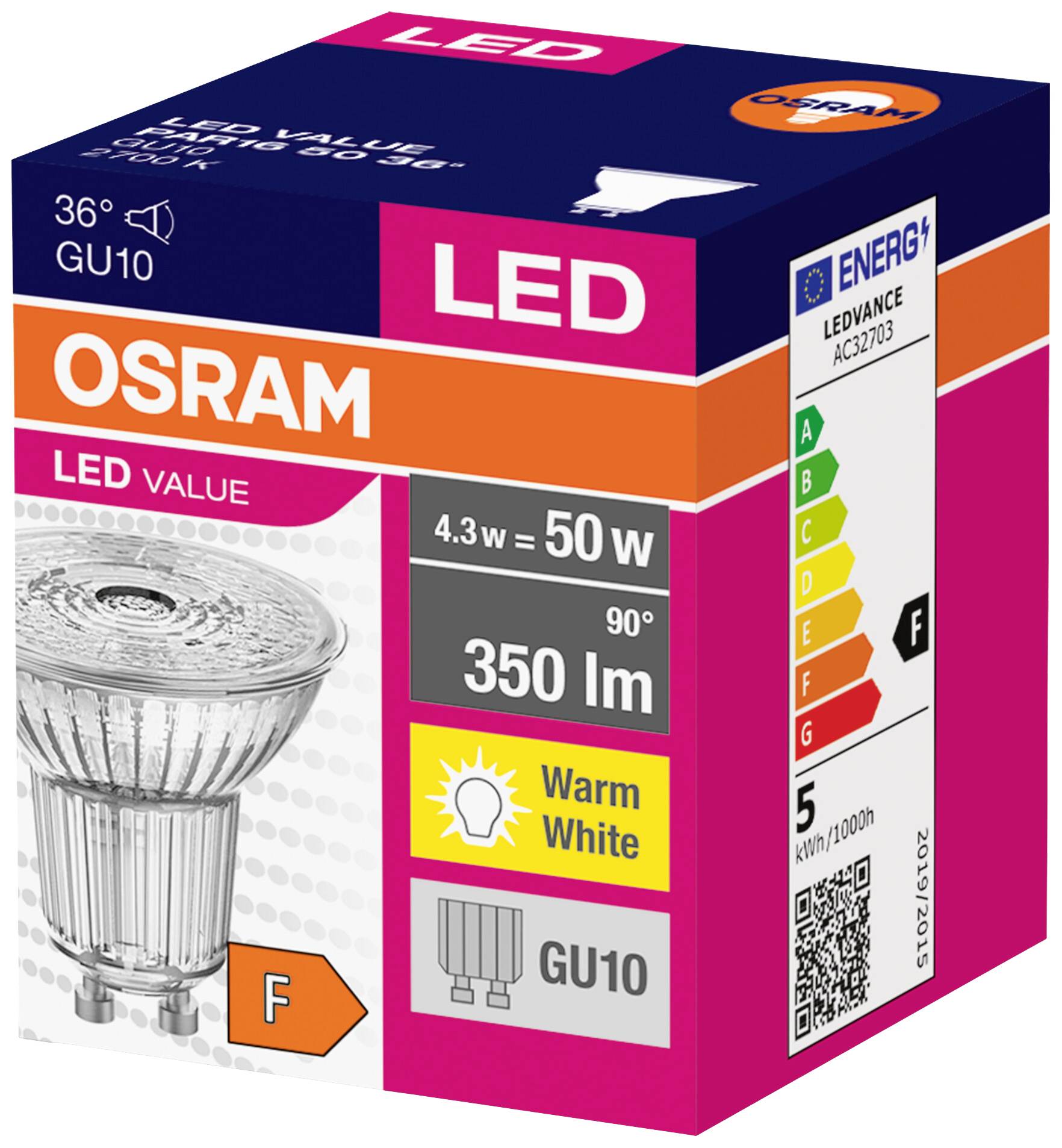 LED-Glühbirne in Originalverpackung von OSRAM mit Energieeffizienzklasse F. Details auf der Verpackung: 36° GU10, 4,3 W entspricht 50 W, 350 Lumen, 90°, Warmweiß.