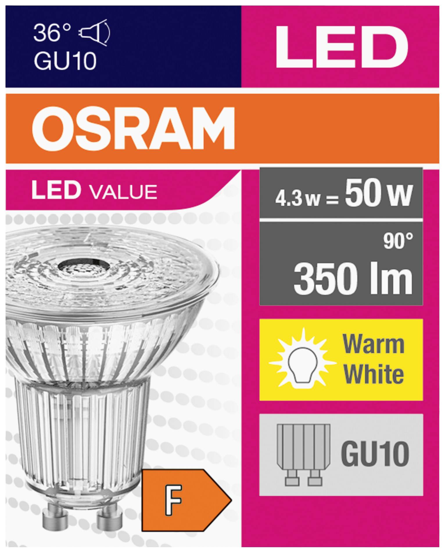 'OSRAM LED GU10 4.3W entspricht 50W, 350 Lumen, warmweiß, Energieklasse F.' Verpackung zeigt LED-Lampe und technische Details.