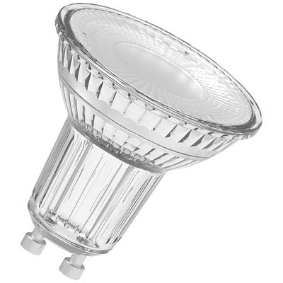 Ein LED-Spot mit GU10-Fassung und klarem Glasgehäuse, geeignet für energiesparende Beleuchtung in Wohnräumen.