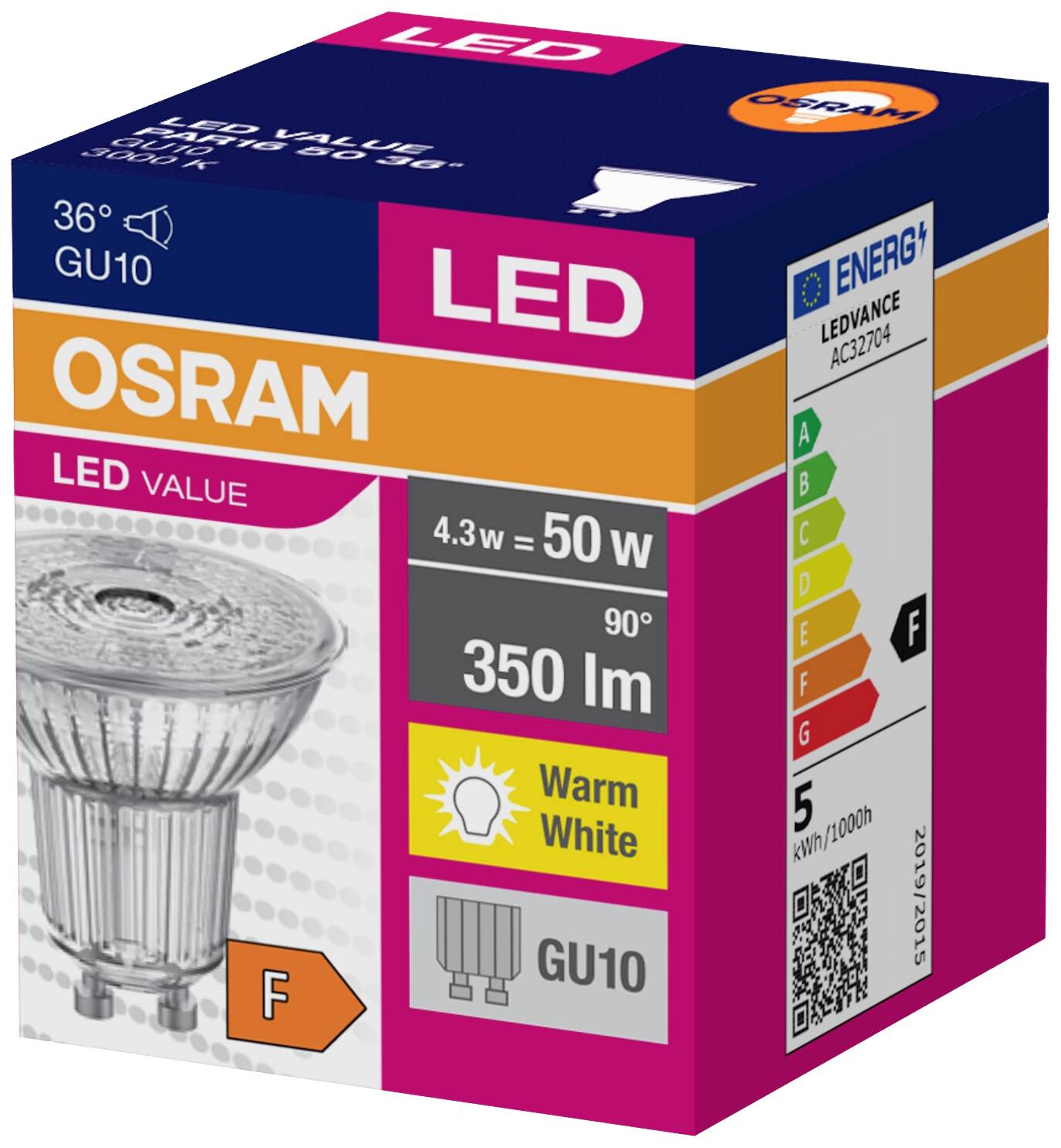 LED-Glühbirne von Osram, Leistung 4,3W entspricht 50W, warmweißes Licht, 350 Lumen, Energieklasse F, GU10-Fassung, 36° Abstrahlwinkel.