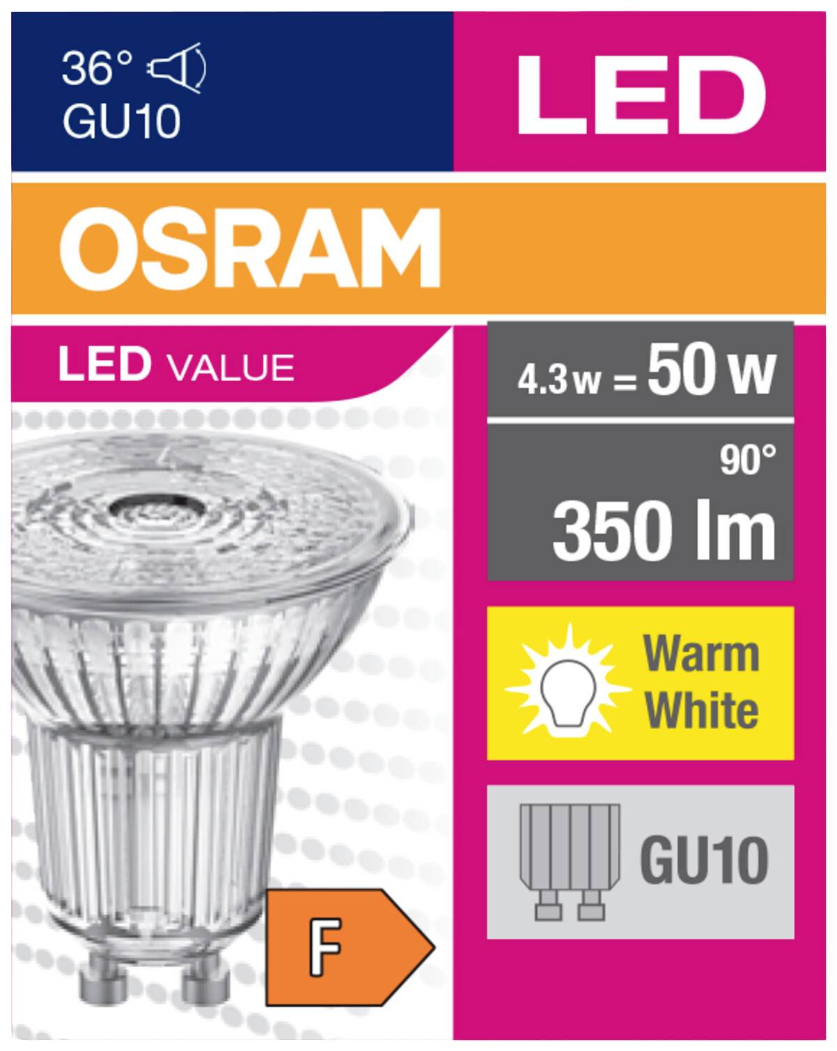 'OSRAM LED Lampe, GU10 Sockel, 4,3 W entspricht 50 W, 350 Lumen, 90° Abstrahlwinkel, Warmweiß, Energieeffizienzklasse F.'