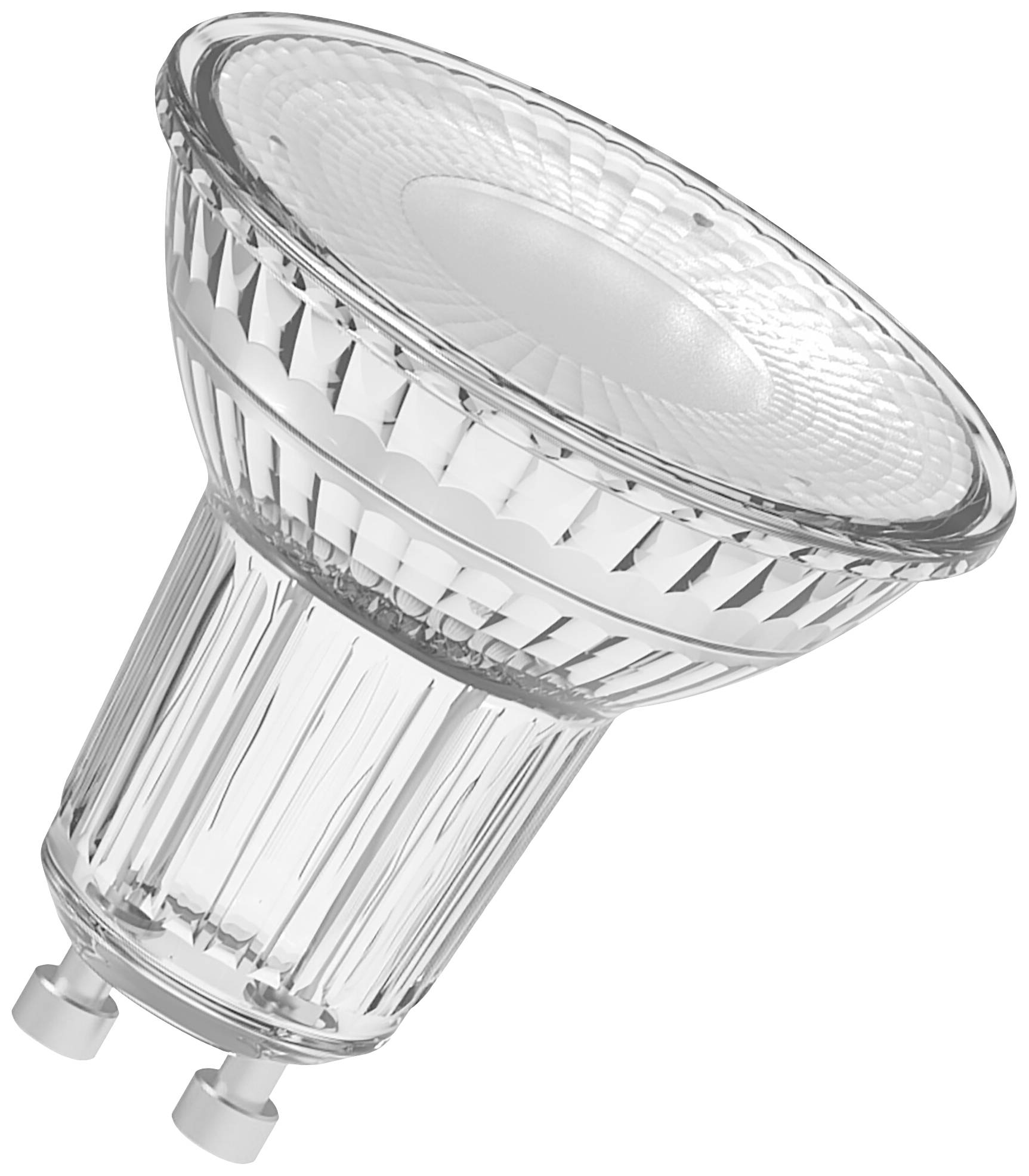 Eine LED-Glühlampe mit GU10-Sockel, transparentem Gehäuse und geriffelter Oberfläche, die für effiziente Beleuchtung verwendet wird.
