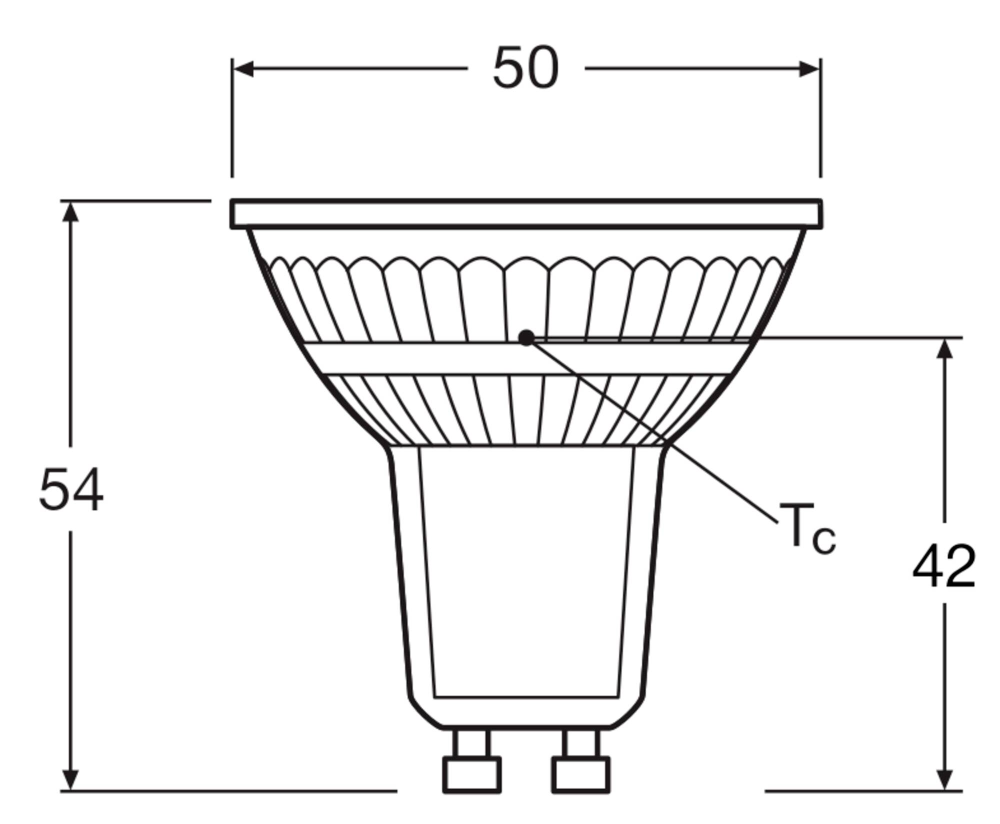 Abbildung einer LED-Lampe mit GU10-Fassung. Oben Durchmesser 50 mm, Gesamthöhe 54 mm, Länge des Kolbens 42 mm, mit Tc-Messpunkt.