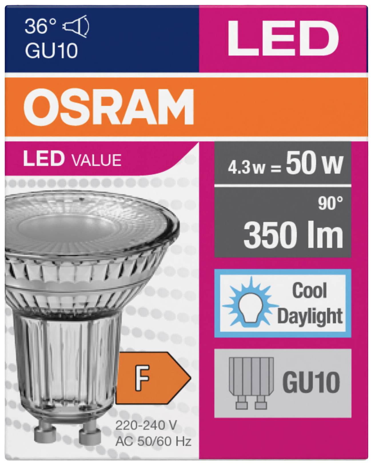 'LED-Lampe von Osram, 36° GU10, 4,3 W entspricht 50 W, 350 lm, Tageslicht, Energieeffizienz F, für 220-240 V AC, 50/60 Hz.'