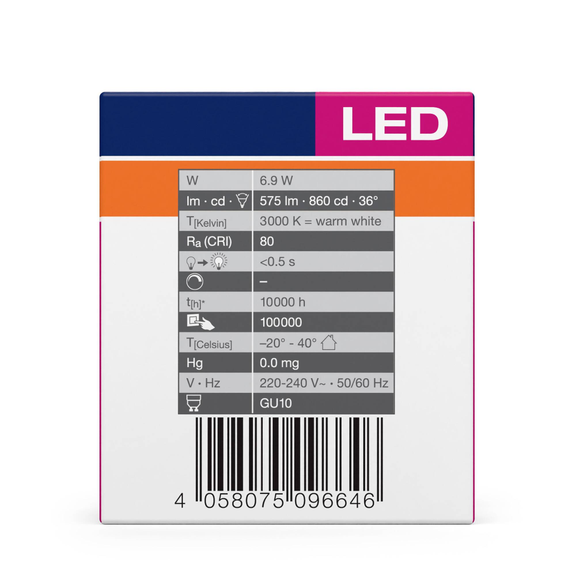 'LED GU10 Glühbirne' Verpackung zeigt technische Details: 6,9W, 575 lm, 3000 K warmes Weiß, 80 CRI, 10.000 Stunden Lebensdauer.