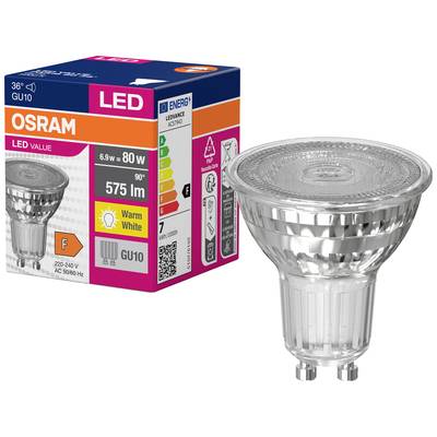 LED-Glühbirne GU10 von Osram, 6,9 W entspricht 80 W, 575 lm, warmweiß, Energieeffizienzklasse F. Verpackung zeigt EU-Energielabel.