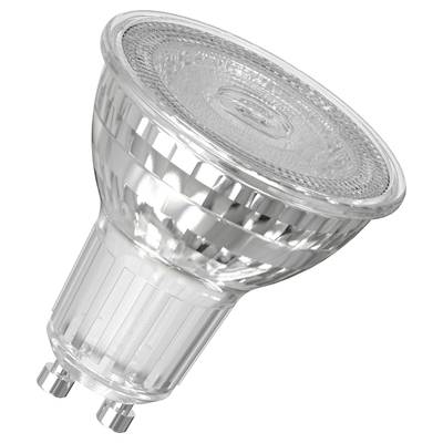 Eine LED-Glühbirne mit GU10-Sockel. Sie ist transparent und hat einen geriffelten Rand. Ideal für Spotbeleuchtung.