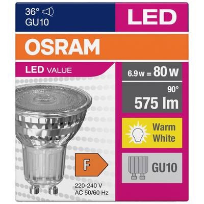 Eine LED-Glühbirnenverpackung mit der Marke 'OSRAM', Leistung 6,9 W entspricht 80 W, Lichtfarbe Warmweiß, Lichtstrom 575 Lumen, Energieklasse F.