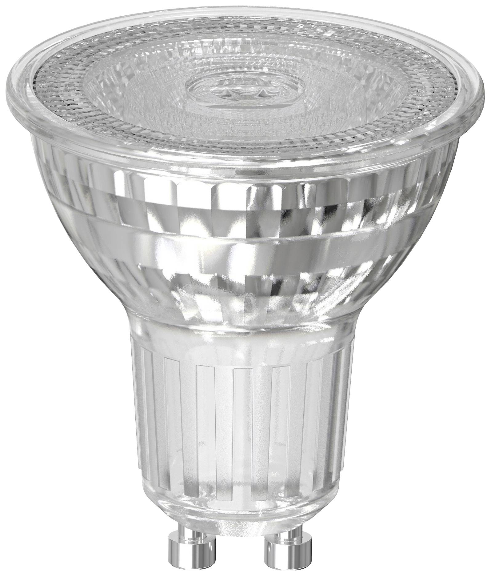 Eine LED-Glühbirne mit GU10-Sockel und geriffeltem Glasdesign, geeignet für punktuelle Beleuchtung in Innenräumen.