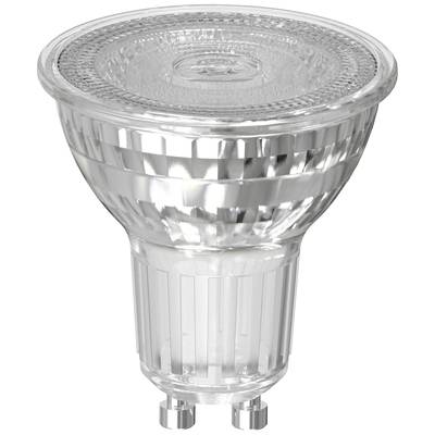 Eine LED-Glühbirne mit GU10-Sockel und geriffeltem Glasdesign, geeignet für punktuelle Beleuchtung in Innenräumen.