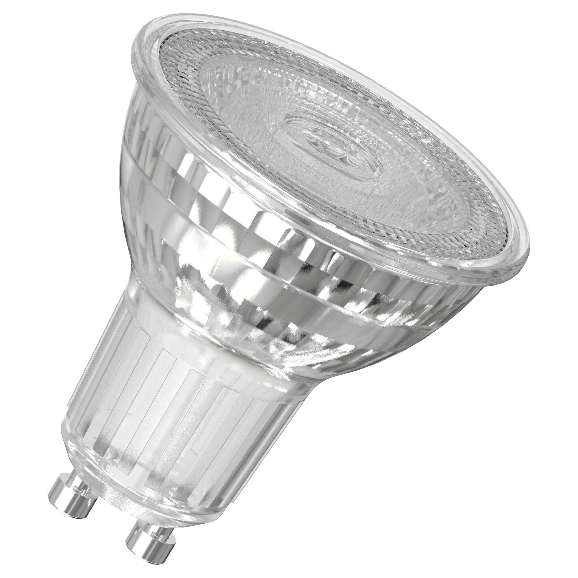 Eine LED-Glühbirne mit GU10-Fassung, geeignet für Deckenstrahler. Sie hat ein klares Gehäuse mit geriffeltem Design.