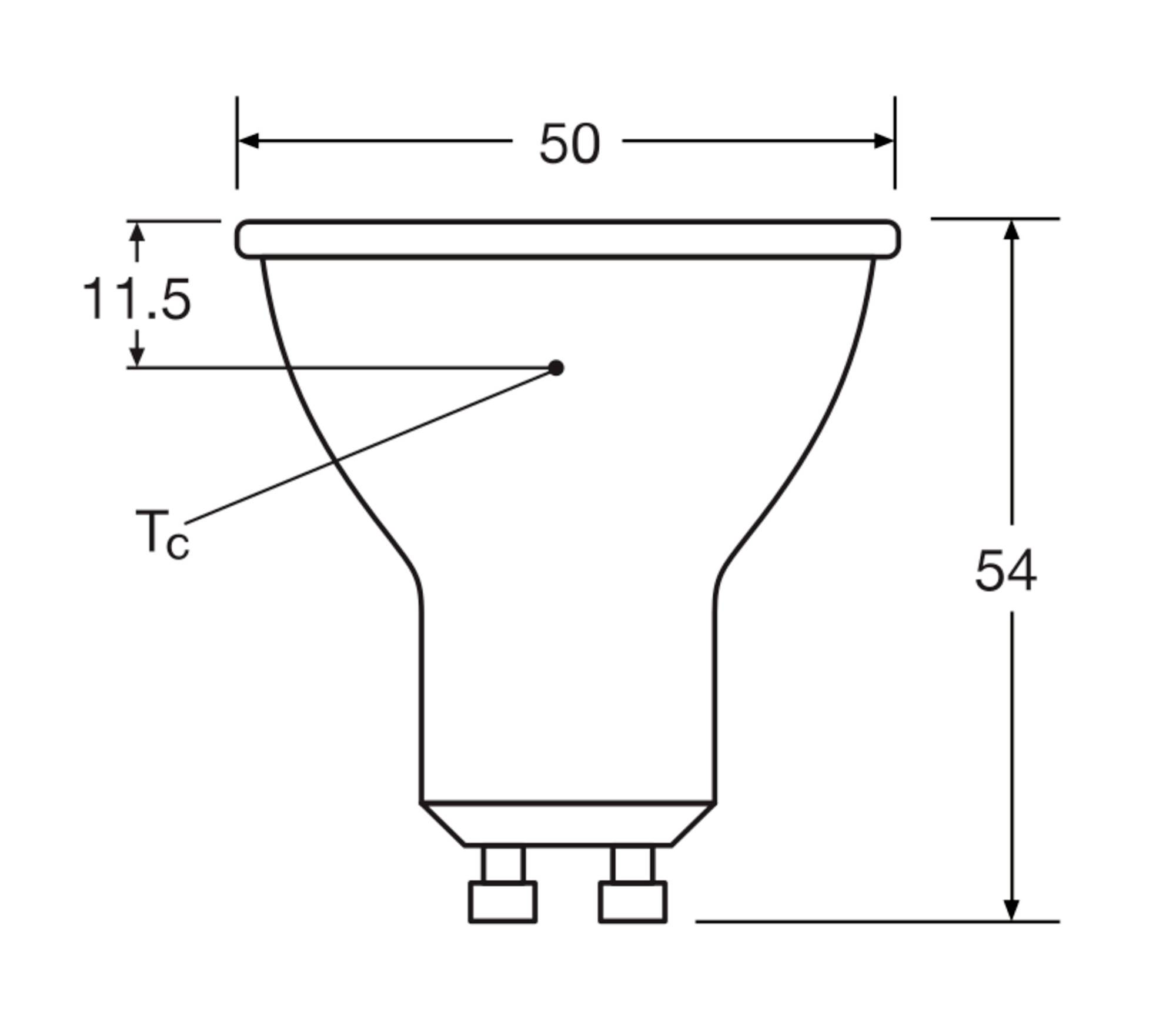 Diagramm einer LED-Lampe mit den Abmessungen: Durchmesser 50 mm, Gesamthöhe 54 mm, Punkt Tc bei 11,5 mm vom oberen Rand.
