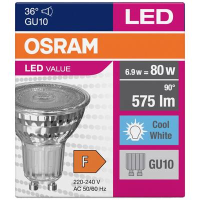 OSRAM LED 36º GU10, 6.9W entspricht 80W, 575 lm, 90º Abstrahlwinkel, Cool White, Energieklasse F, 220-240V AC, 50/60 Hz.