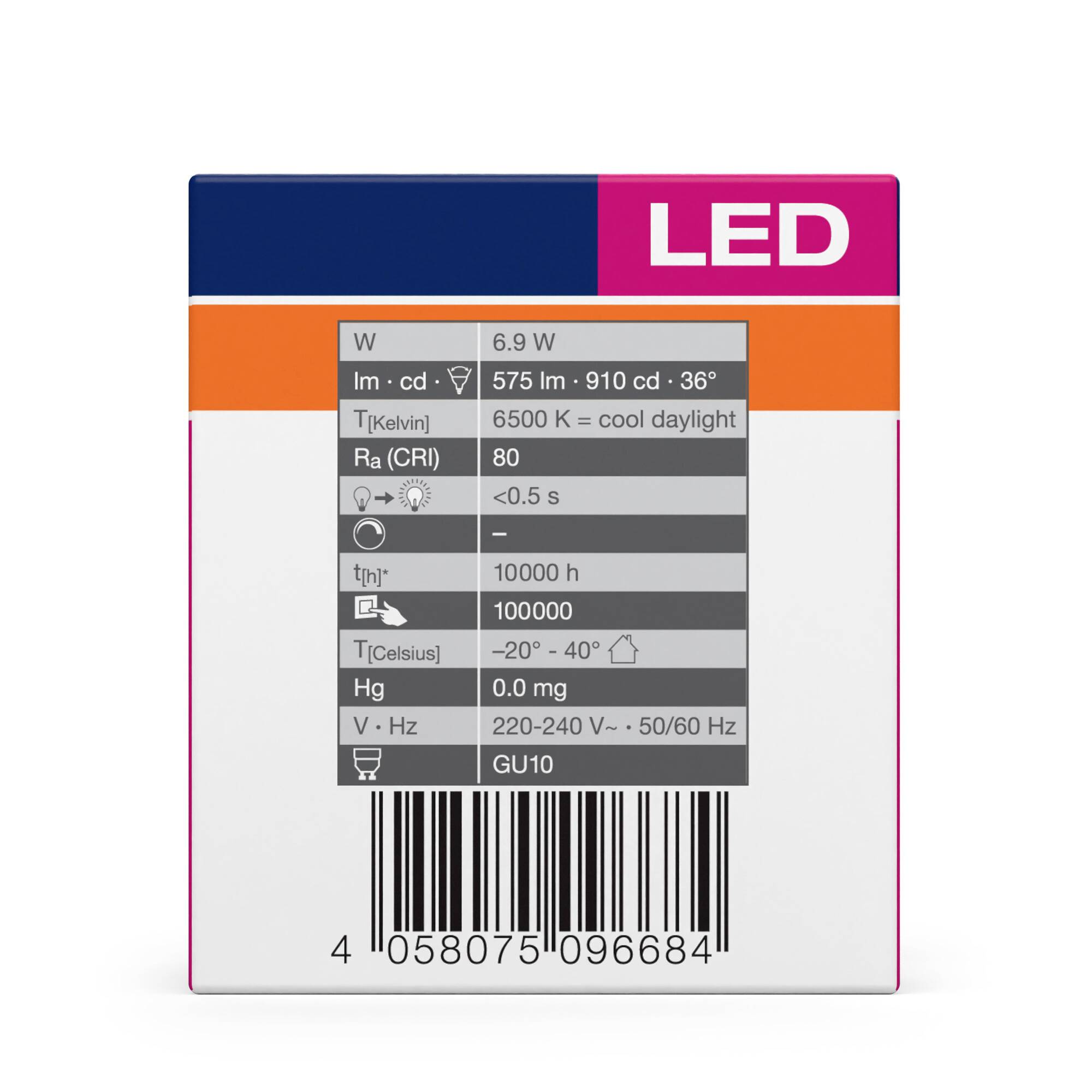 Die Vorderseite einer LED-Glühlampenverpackung zeigt technische Details wie 6,9 W, 575 lm, 6500 K, CRI über 80 und GU10-Fassung.