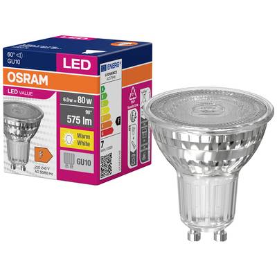 LED-Glühbirne von OSRAM und Verpackung. Die Verpackung zeigt: 6,9W = 80W, 575 Lumen, warmweiß, Energieklasse F, GU10.