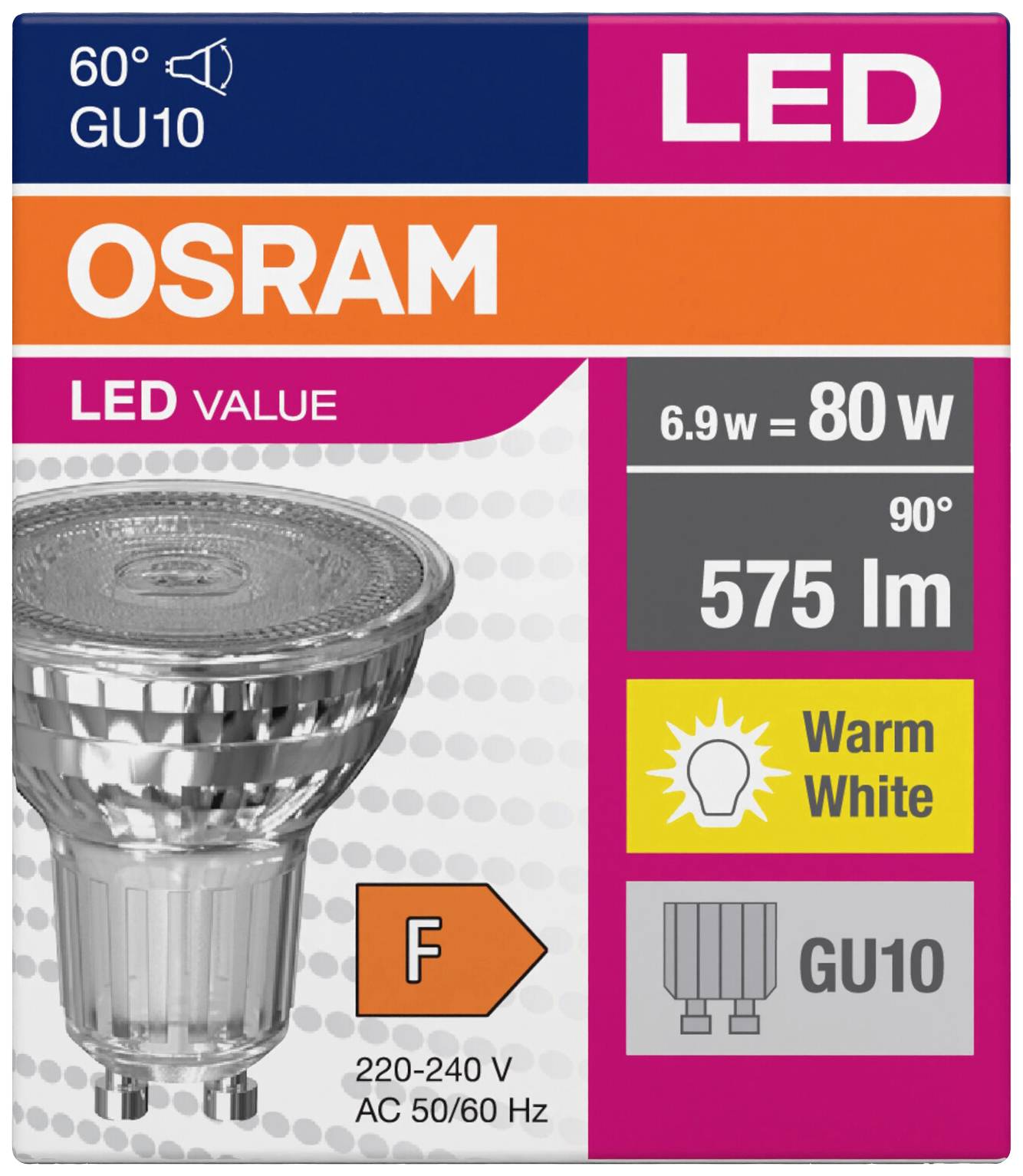 Verpackung einer OSRAM LED-Lampe mit 575 Lumen, 6,9W entspricht 80W, warmweiß, GU10-Sockel, Energieklasse F, 60° Abstrahlwinkel.