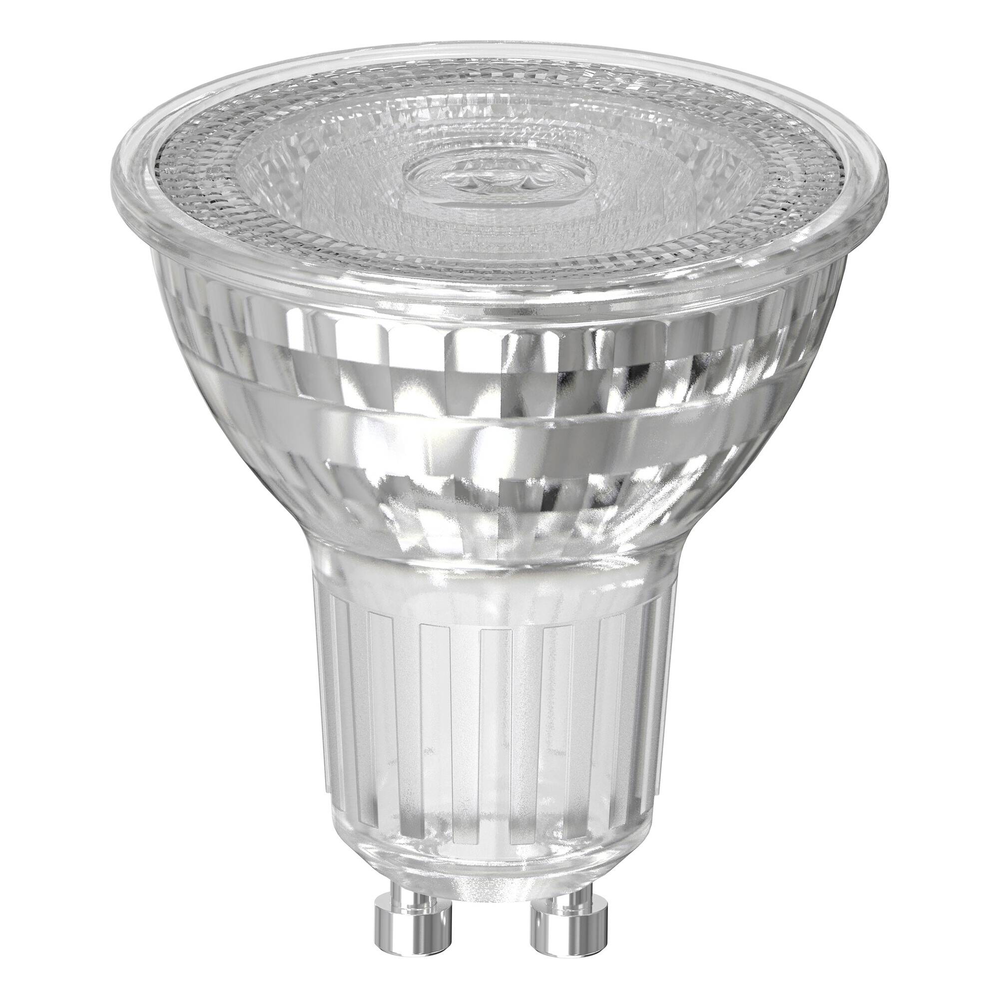 Eine einzelne LED-Glühbirne mit GU10-Sockel, durchsichtiges Design. Geeignet für energiesparende Leuchten in Innenräumen.