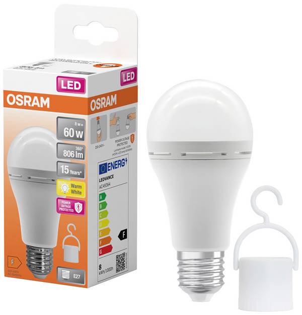 OSRAM HOMELIGHTING 4099854190087 Akkubetriebenes LED-Leuchtmittel EEK F (A - G) E27 Glühlampenform 8 W = 60 W Warmweiß (Ø x H) 60 mm x 60 mm 1 St.