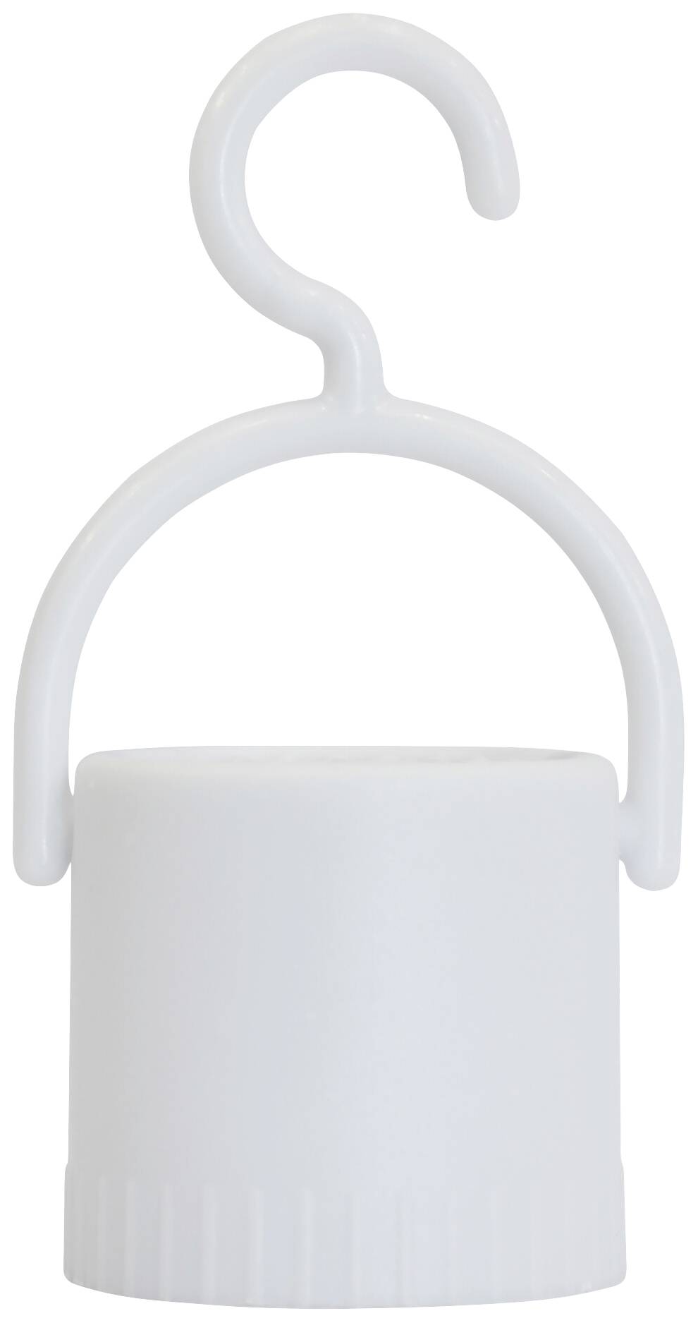 Ein weißer Plastikverschluss mit Haken. Der Verschluss ist zylindrisch und der Haken ermöglicht einfaches Aufhängen.
