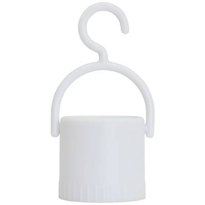 Ein weißer Plastikverschluss mit Haken. Der Verschluss ist zylindrisch und der Haken ermöglicht einfaches Aufhängen.