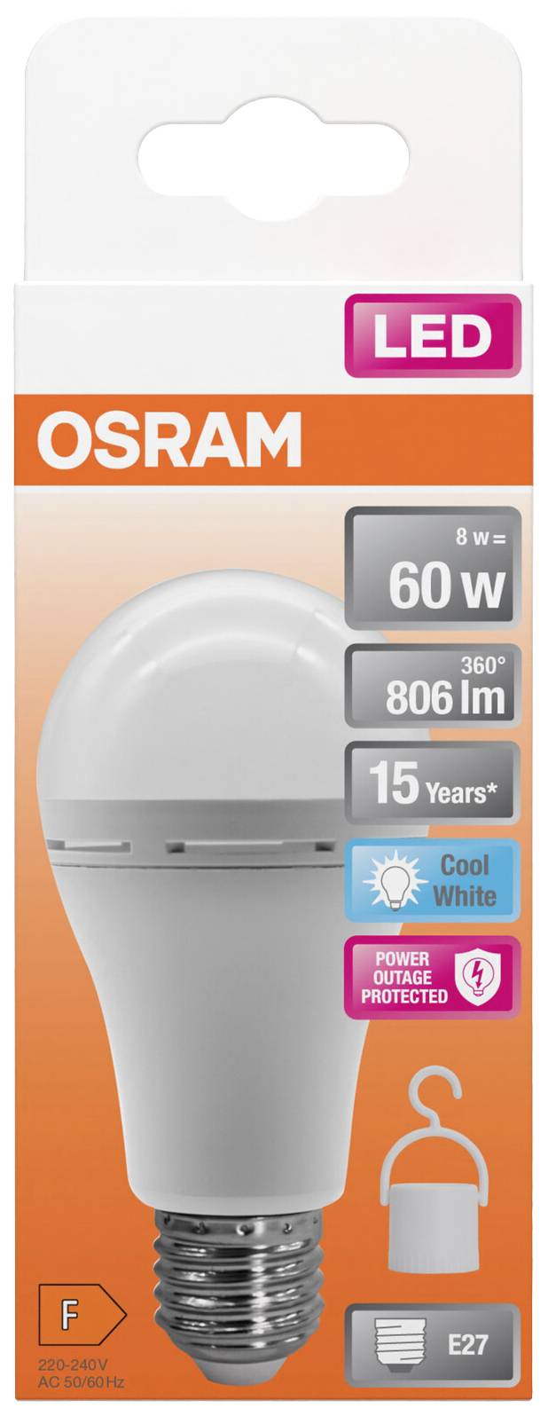 'LED-Glühbirne in Verpackung. Marke: OSRAM, 8W entspricht 60W, 806 Lumen, 360° Abstrahlwinkel, 15 Jahre Lebensdauer, E27-Sockel.'