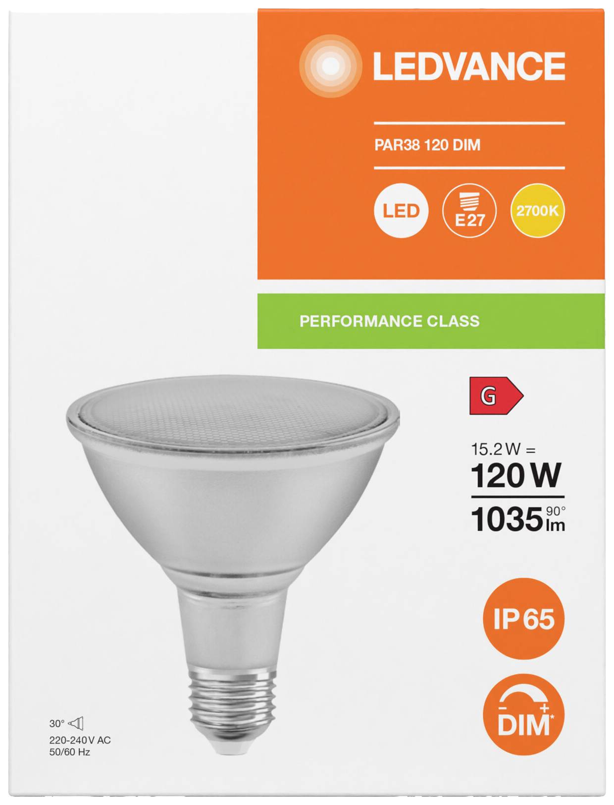 LED-Glühbirne der Marke Ledvance, Modell PAR38 120 DIM. Leistung: 15,2W ersetzt 120W, 1035 Lumen, warmweiß 2700K, E27-Sockel, IP65.