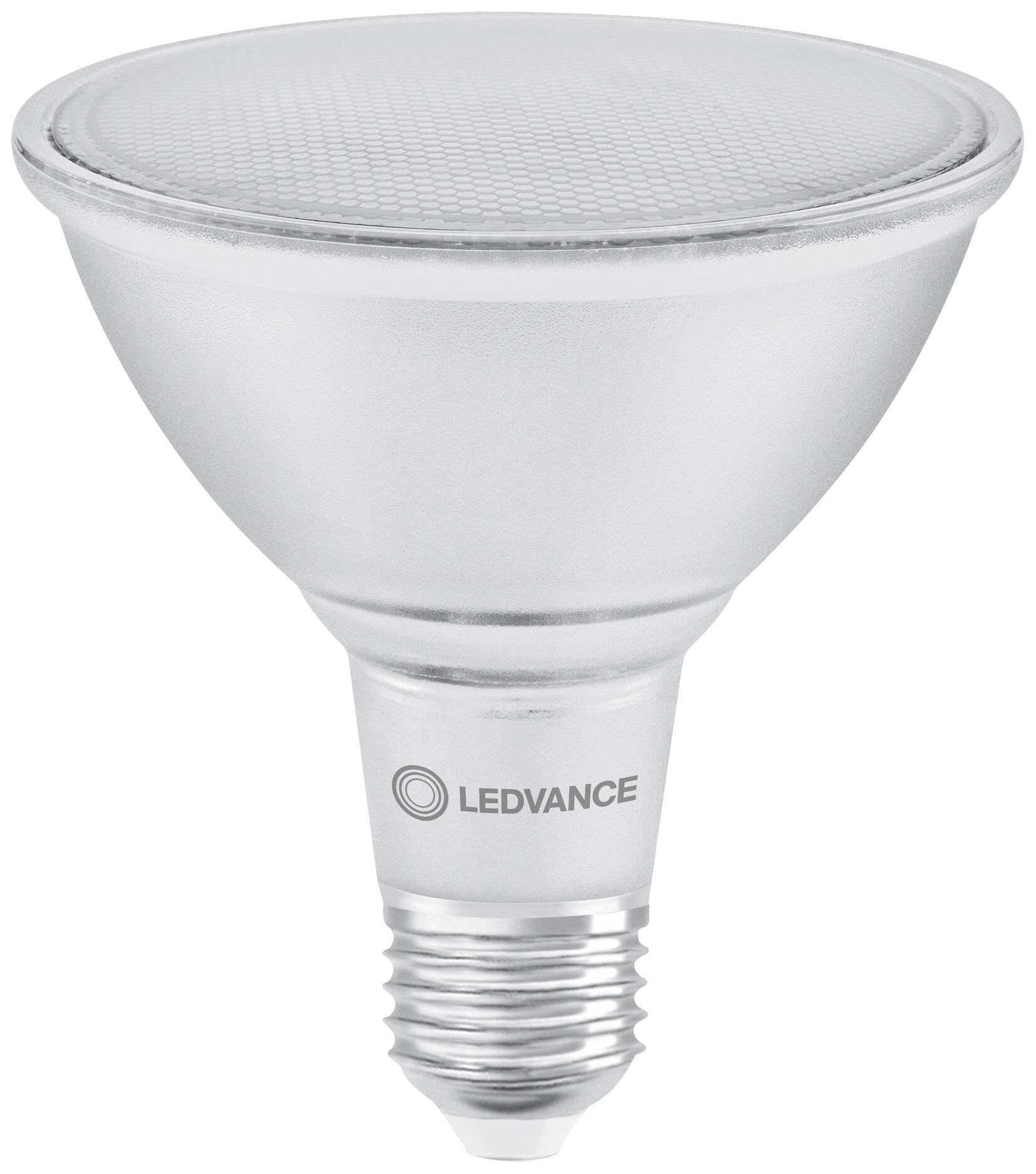 Eine silberne LED-Lampe von der Marke LEDVANCE, geeignet für E27-Fassungen, in einem modernen Design.