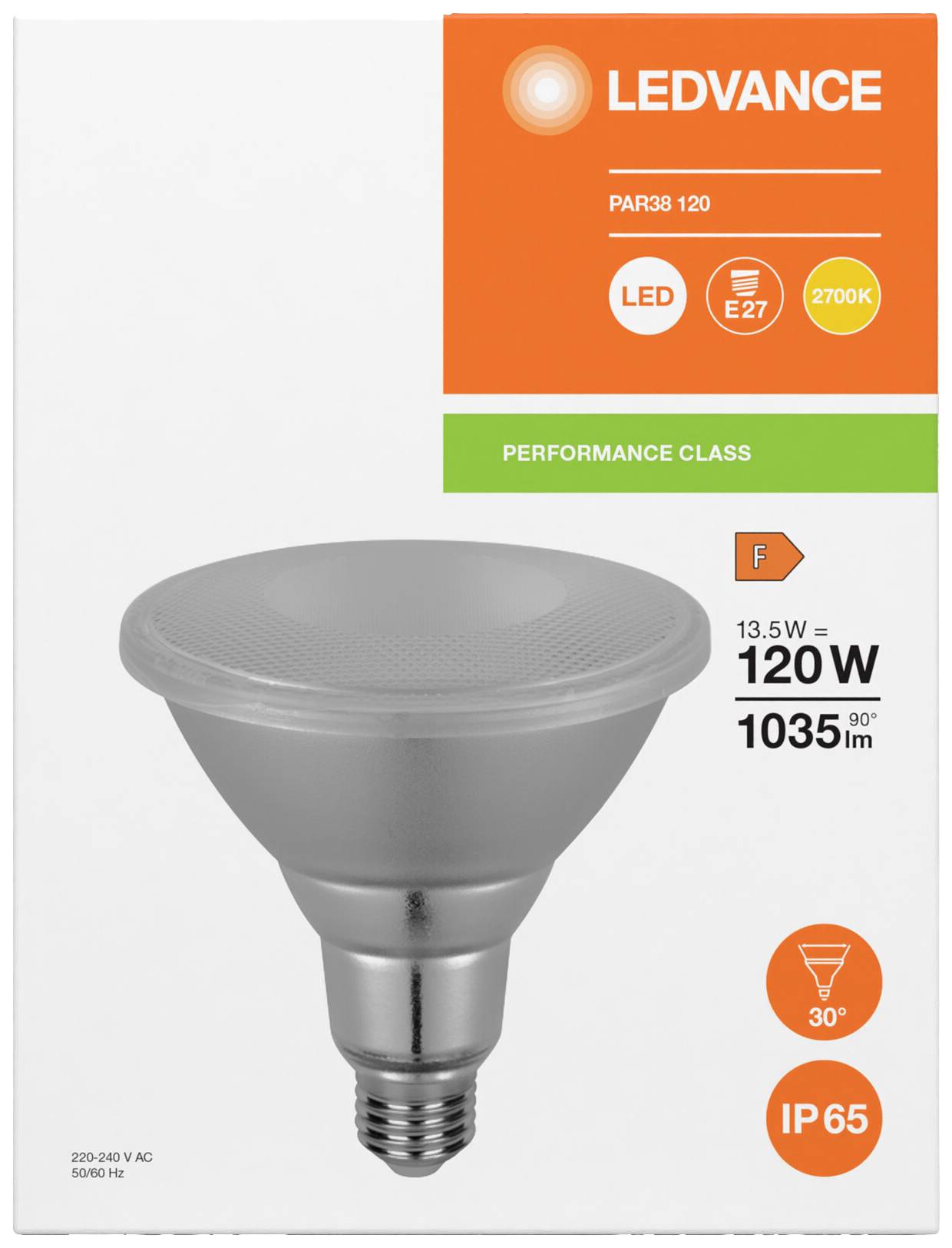'LEDVANCE PAR38 120' LED-Leuchtmittel-Verpackung zeigt Details: 13,5 W = 120 W, 1035 lm, 2700 K, E27, IP65, 30° Abstrahlwinkel.