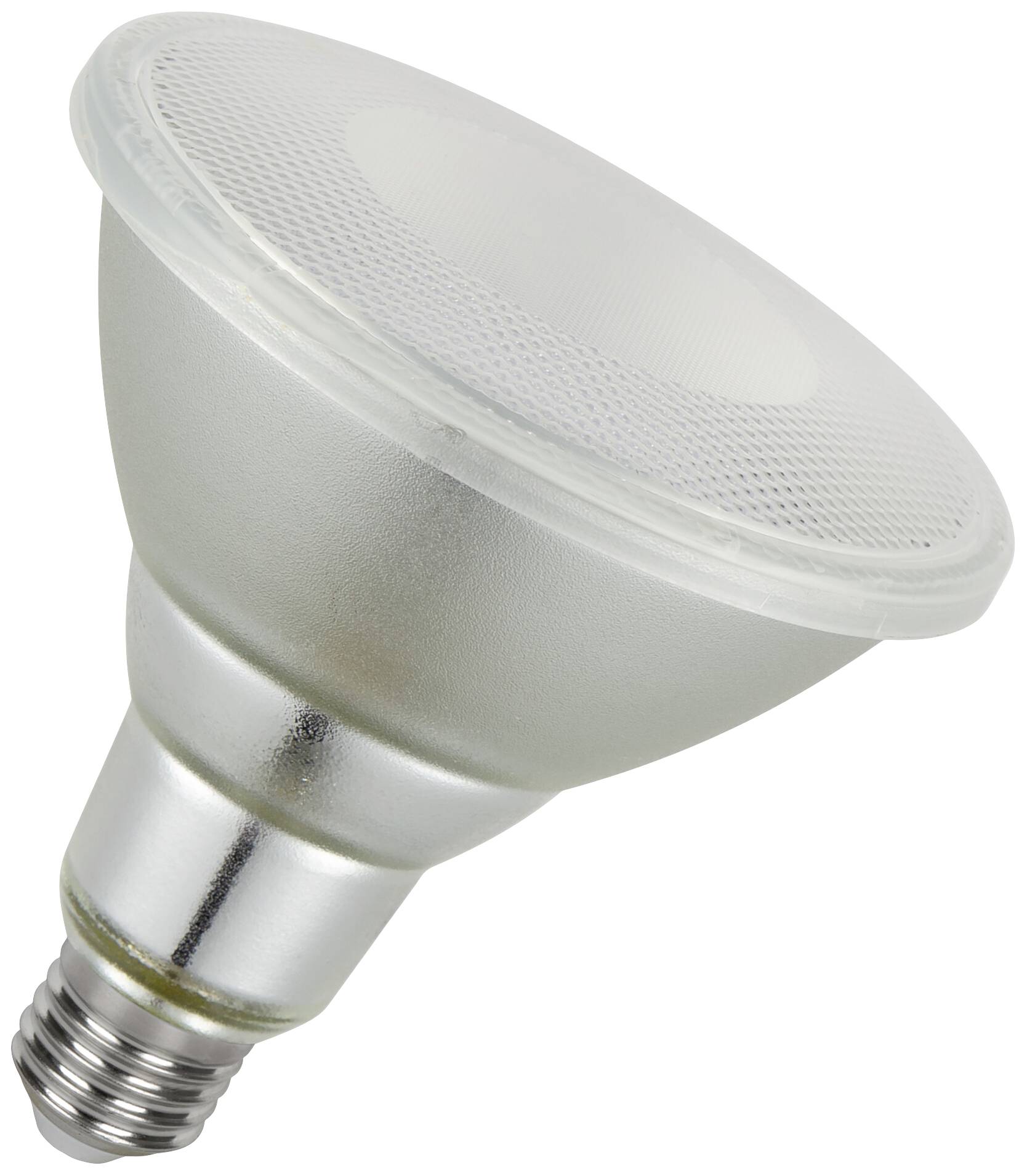 Silberne LED-Glühbirne mit Porträtform und E27-Sockel, geeignet für Spotbeleuchtung oder Akzentlicht in Innenräumen.