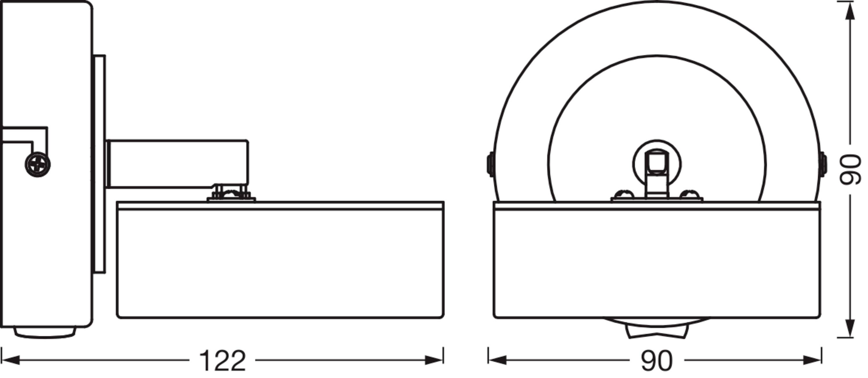 Technische Zeichnung eines Wandprofils, dargestellt aus zwei Blickwinkeln. Maße: 122 mm Breite, 90 mm Höhe.