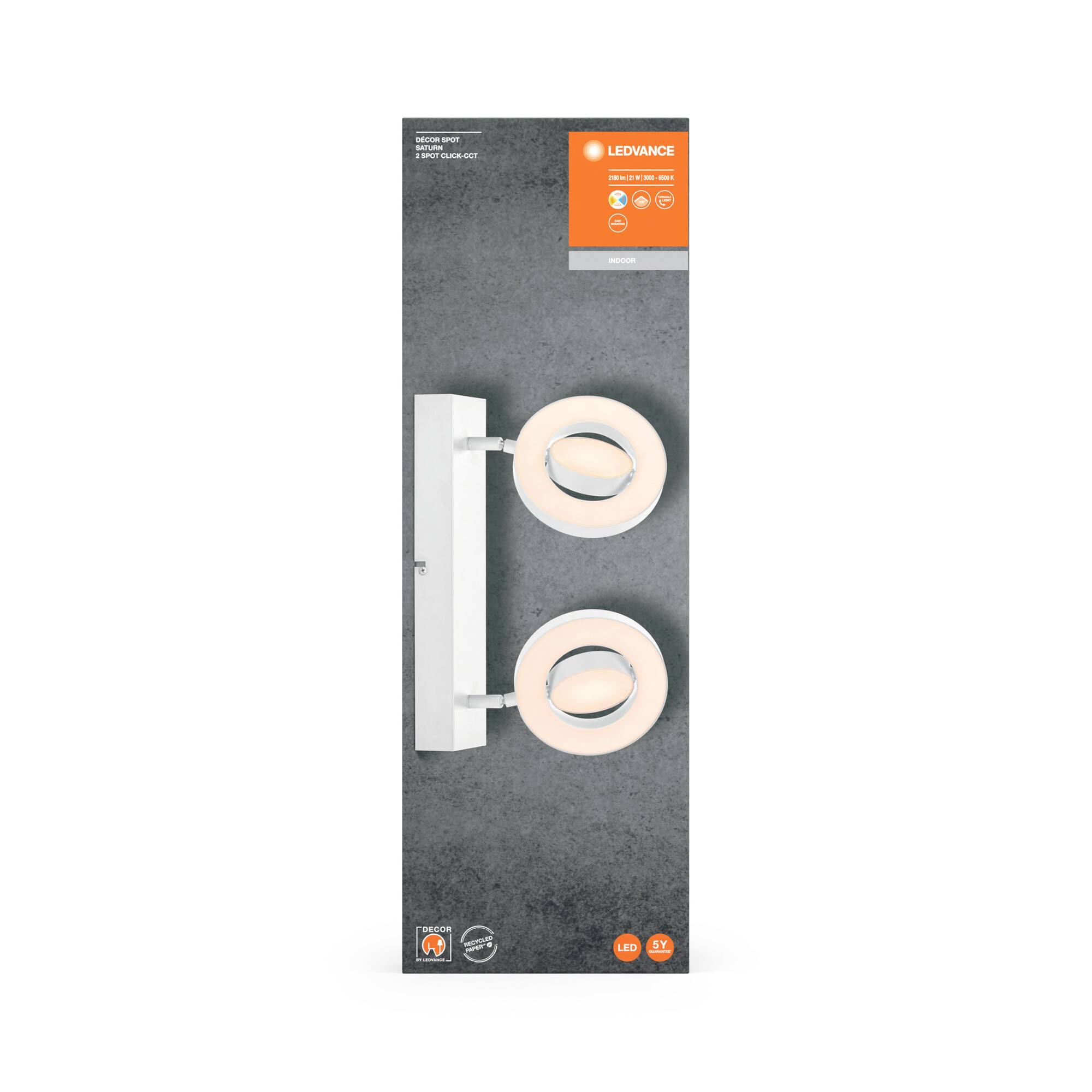 Verpackung einer LED-Spots Lampe mit zwei runden Leuchten, Marke 'LEDVANCE'. Geeignet für energiesparende Beleuchtung in Innenräumen.