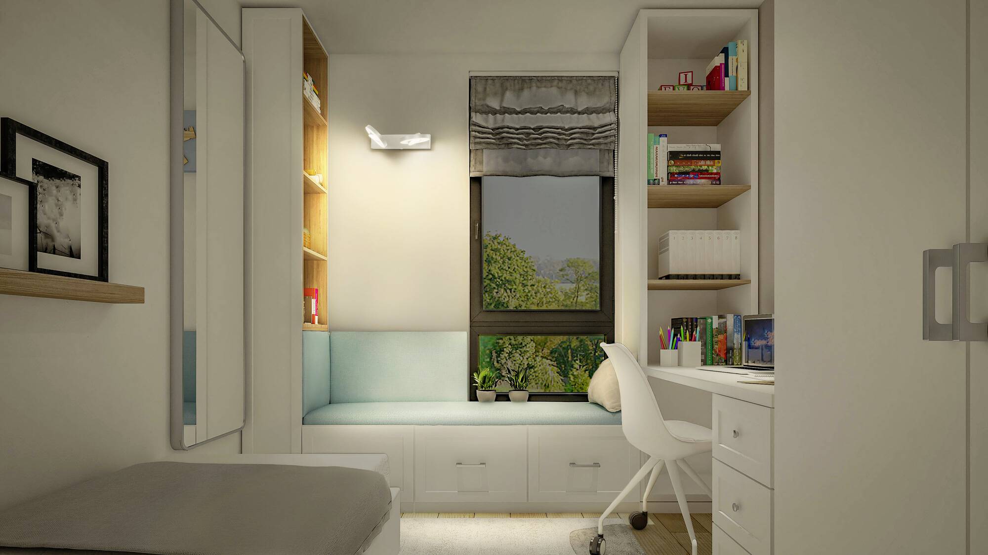 Kompaktes modernes Schlafzimmer mit Schreibtisch, Bücherregal und gemütlicher Fensterbank in hellem Raum. Blick auf grüne Landschaft.