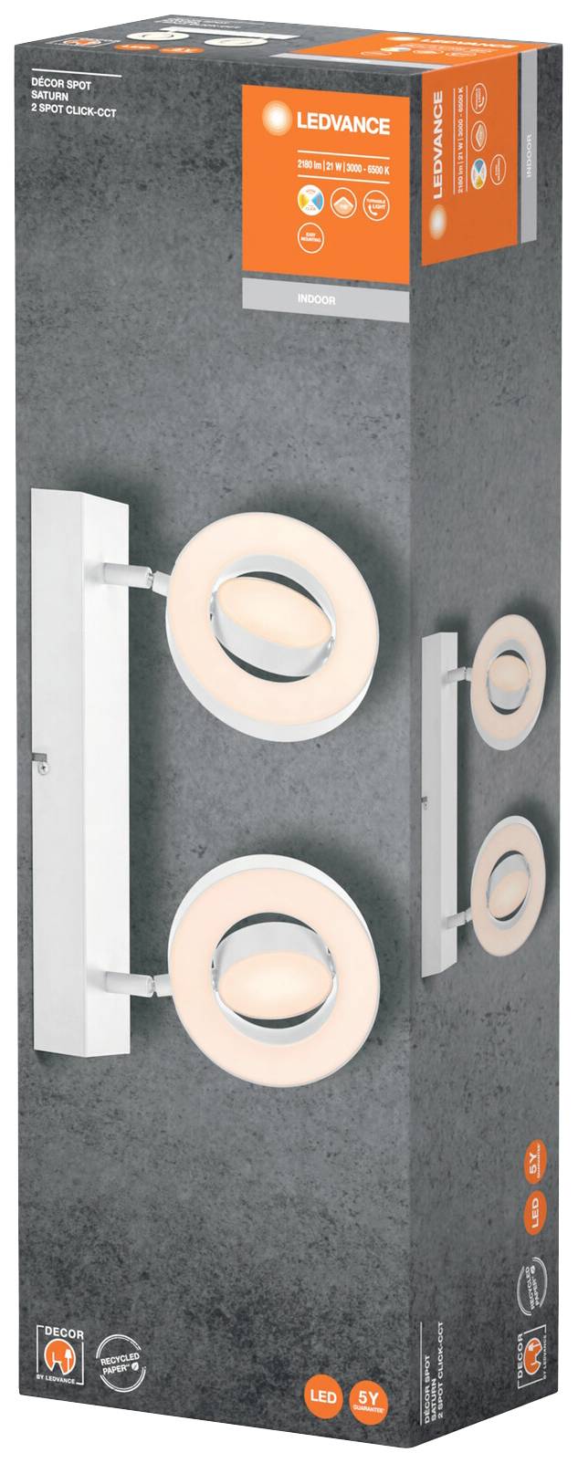 Verpackung einer LED-Leuchte mit zwei runden, verstellbaren Lichtelementen von Ledvance. Produktdetails oben auf der Box.
