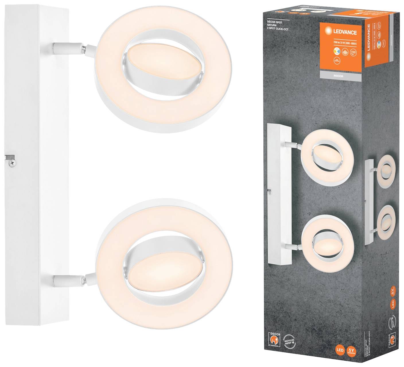 Zwei runde LED-Wandleuchten mit weißem Gehäuse, daneben die Verpackung mit ähnlichem Design, Marke 'LEDVANCE'.