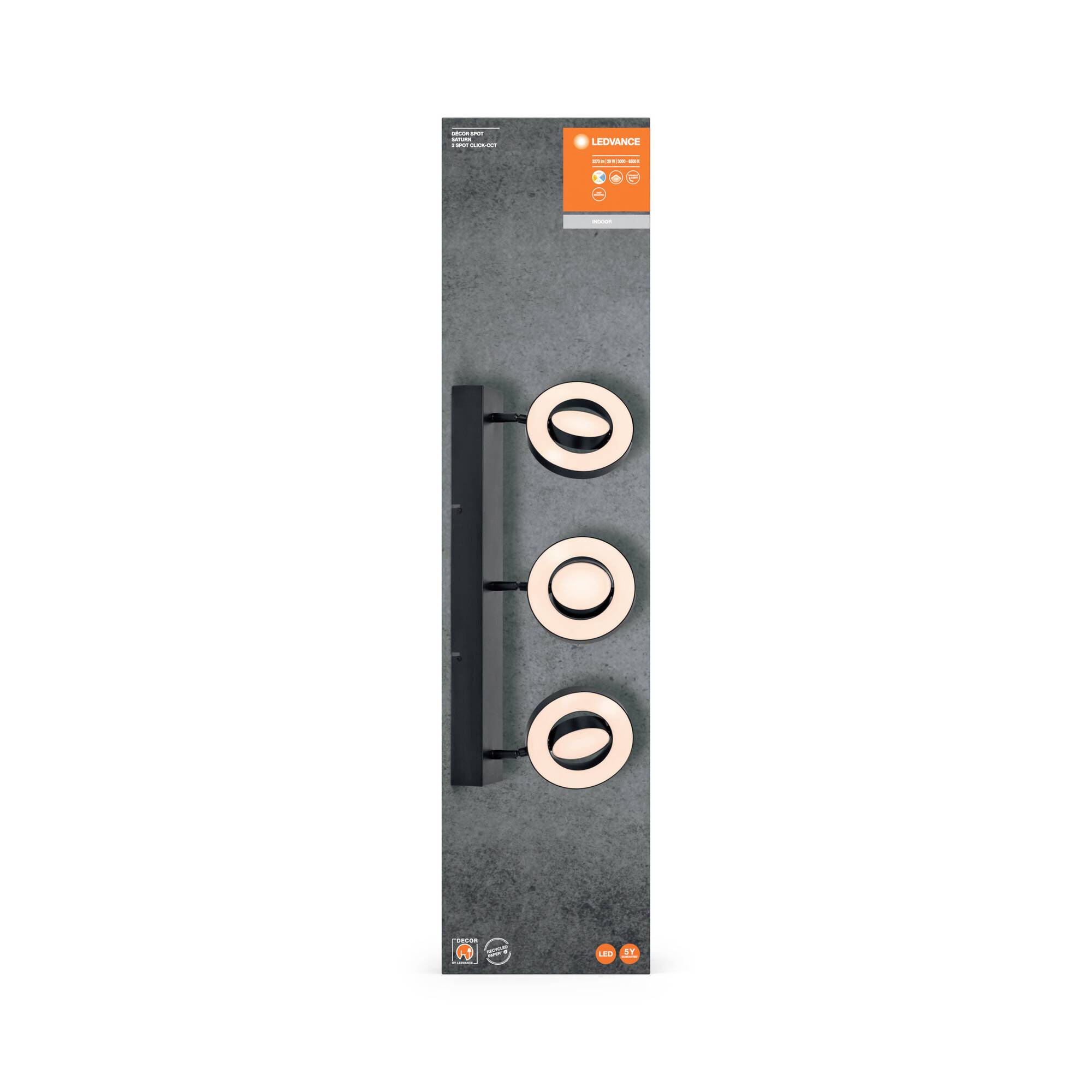 Verpackung einer LED-Deckenleuchte mit drei runden, schwarzen Lampen. Oben rechts Markenlogo und Energiesparinformationen.