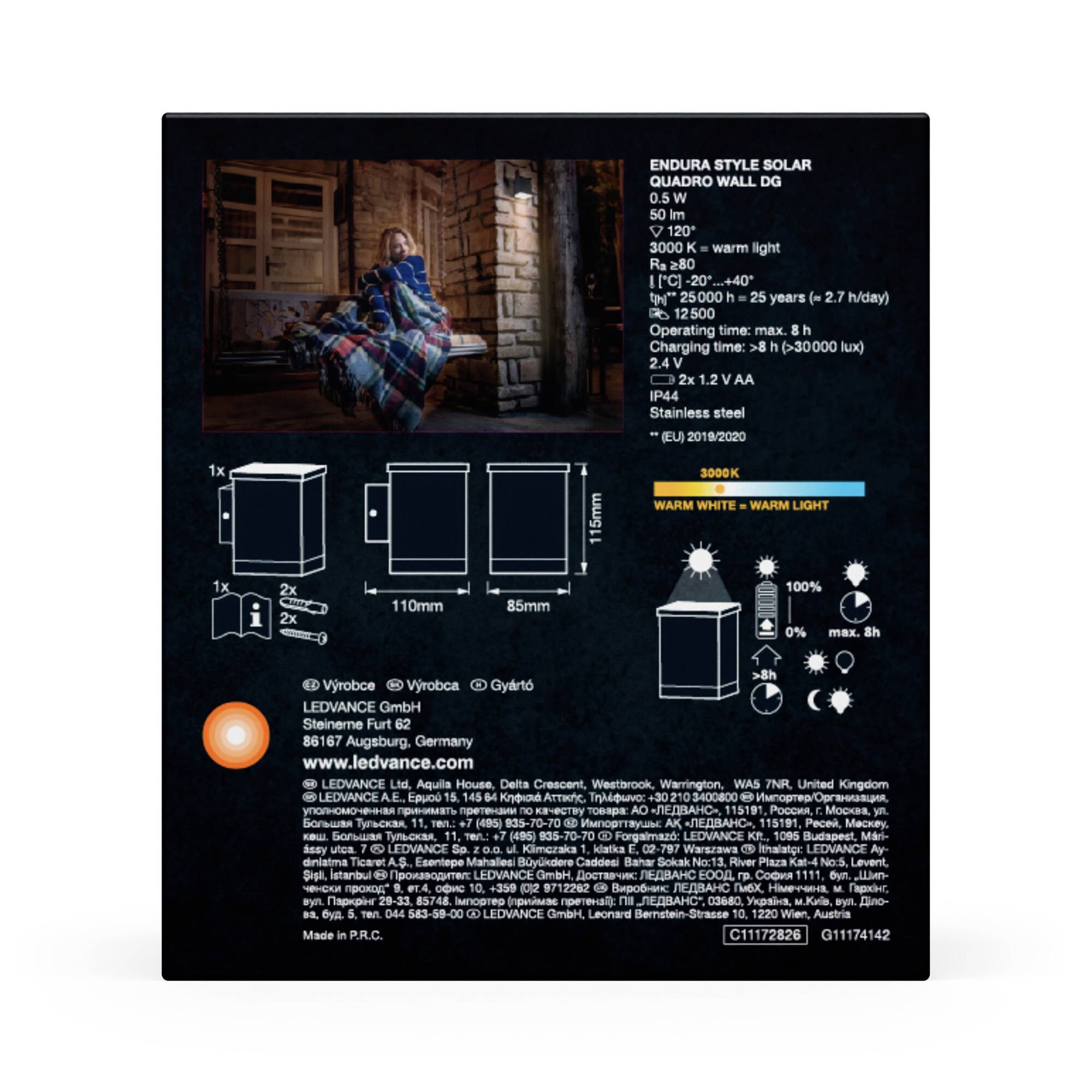 Die Rückseite der Verpackung einer LED-Solarleuchte mit technischen Daten: 0,5 W LED, Edelstahl, warmweißes Licht, 3000K-3300K. Hersteller: LEDVANCE.