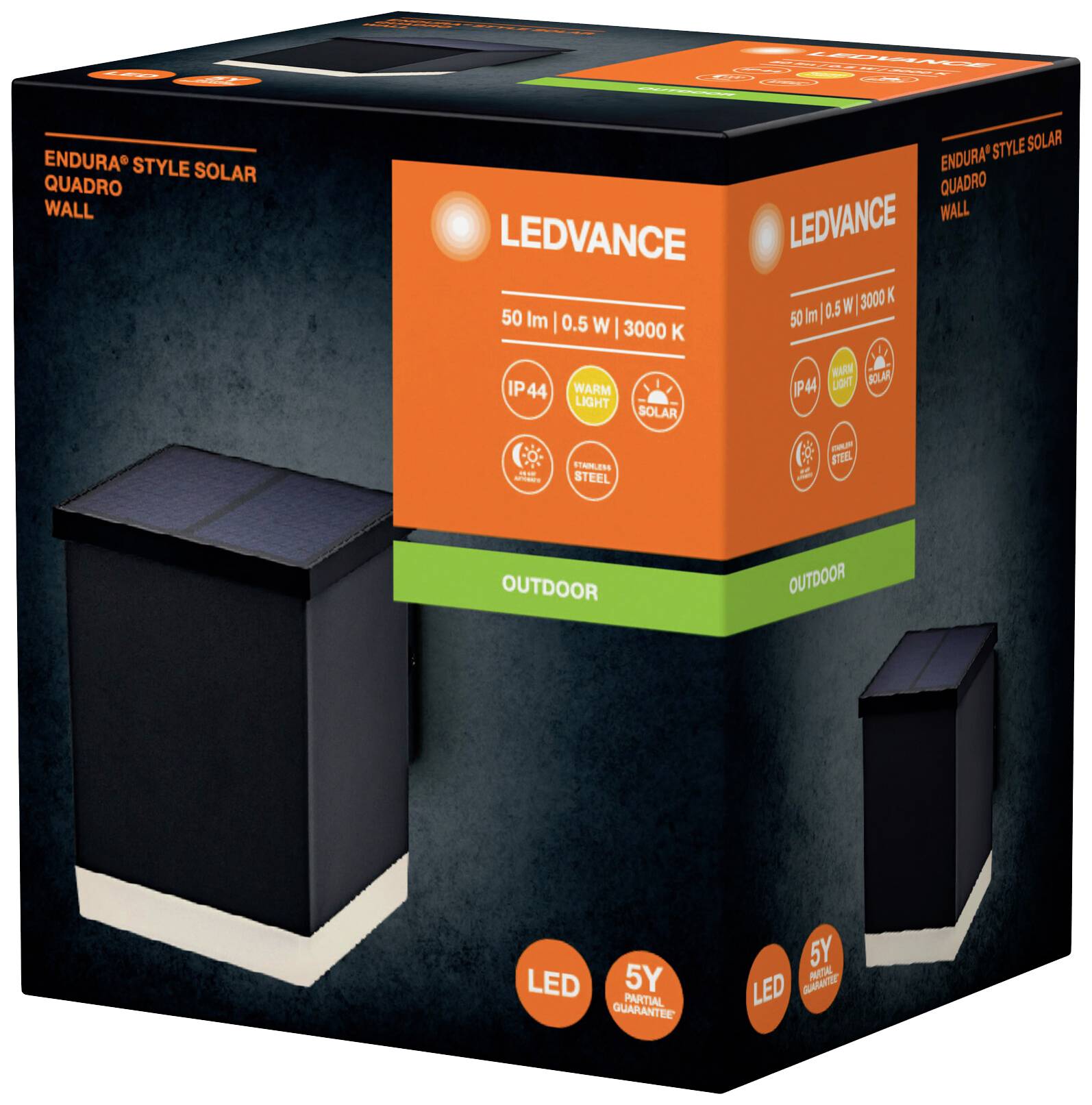 Verpackung einer LEDVANCE Endura Style Solarleuchte für den Außenbereich mit Solarpanel und 3000K Farbtemperatur, IP44 Schutzart.