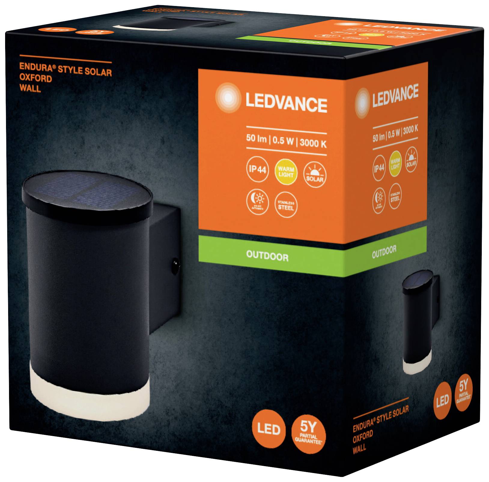 'Schwarze LED-Wandleuchte mit Solarpanel und warmweißem, energiesparendem Licht. Verpackung zeigt Details zu Funktionen und Garantie.'