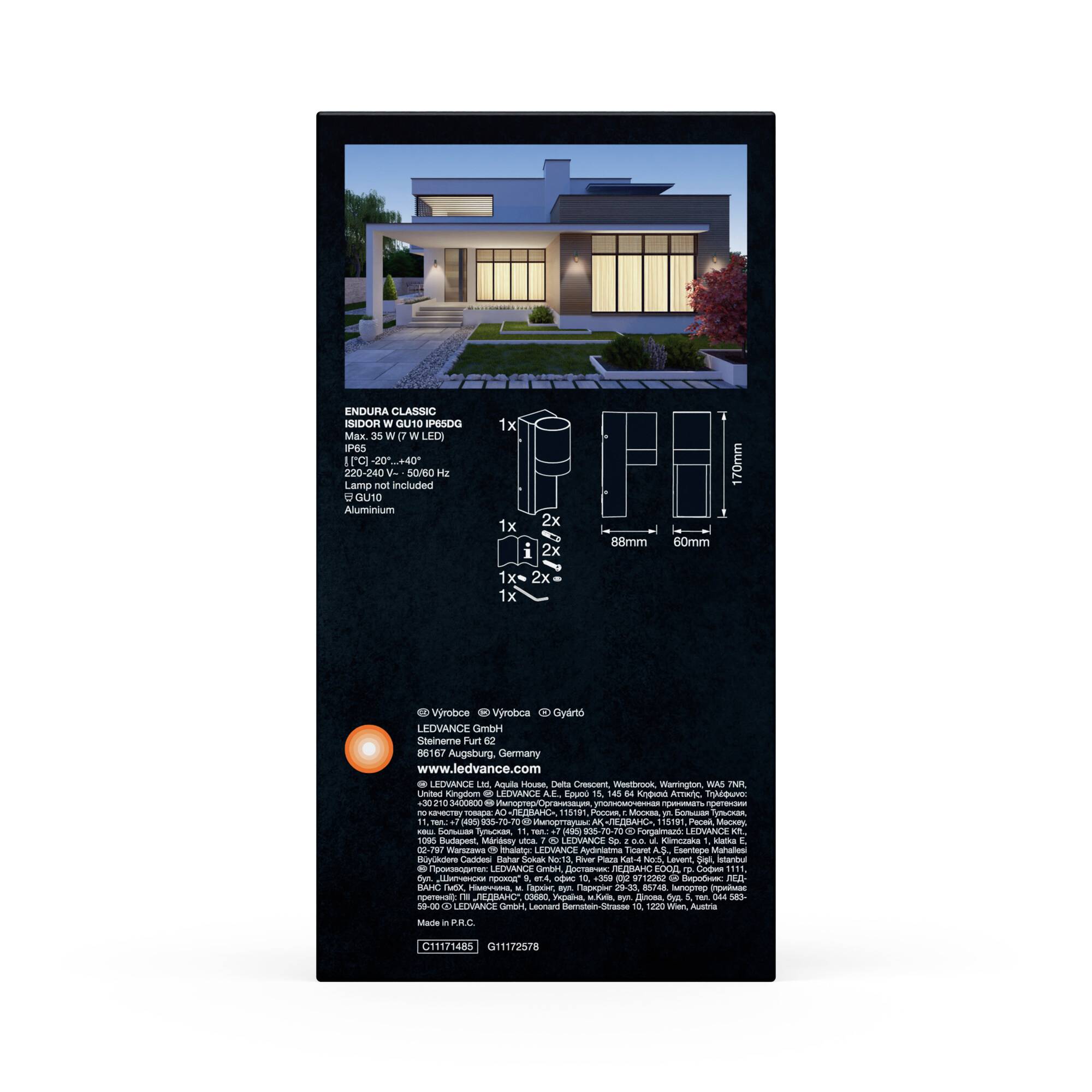 Verpackungsrückseite mit Abbildung eines Hauses bei Nacht, Details zu Außenleuchten: Maße, Material 'Aluminium', Design 'EXODUS CLASSIC PRO'.