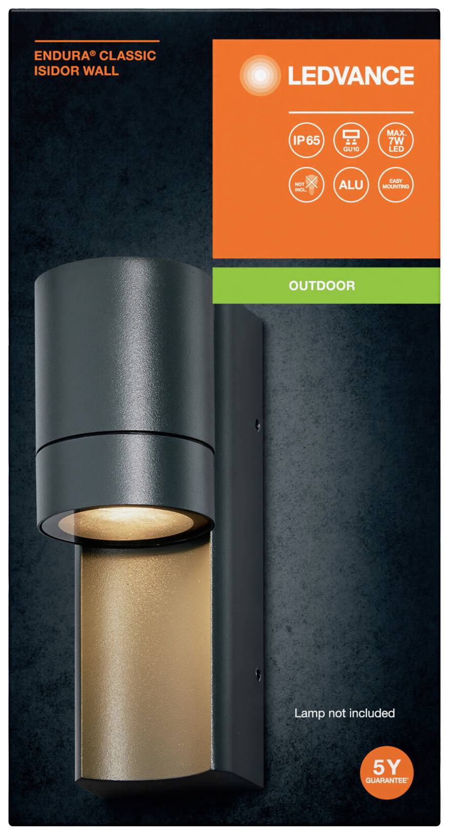 'Verpackung einer LEDVANCE Außenleuchte, Modell Endura Classic Isidor Wall. IP65, Aluminium, für den Außenbereich. Ohne Lampe.'