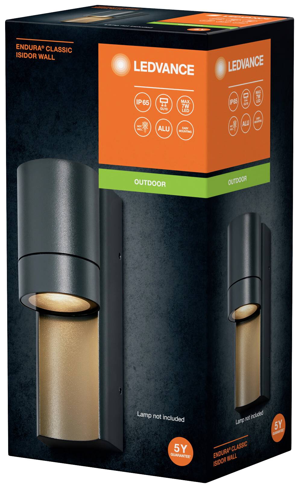 Verpackung einer LED-Außenlampe 'ENDURA® CLASSIC ISIDOR WALL' von LEDVANCE. Zeigt das Produktbild und Spezifikationen: IP65, ALU.