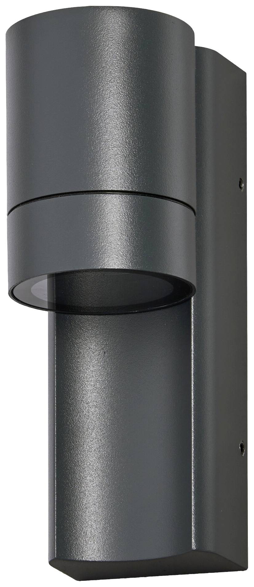 Eine moderne, zylindrische Außenleuchte aus Metall in dunkler Farbe, an einer Wand montiert, zur Beleuchtung von Außenbereichen.