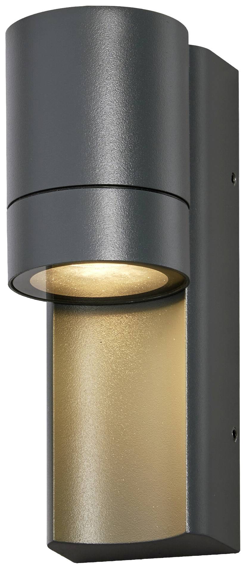 Schwarze zylindrische Außenwandleuchte mit nach unten gerichteter Lichtquelle, geeignet für moderne Gebäudefassaden.