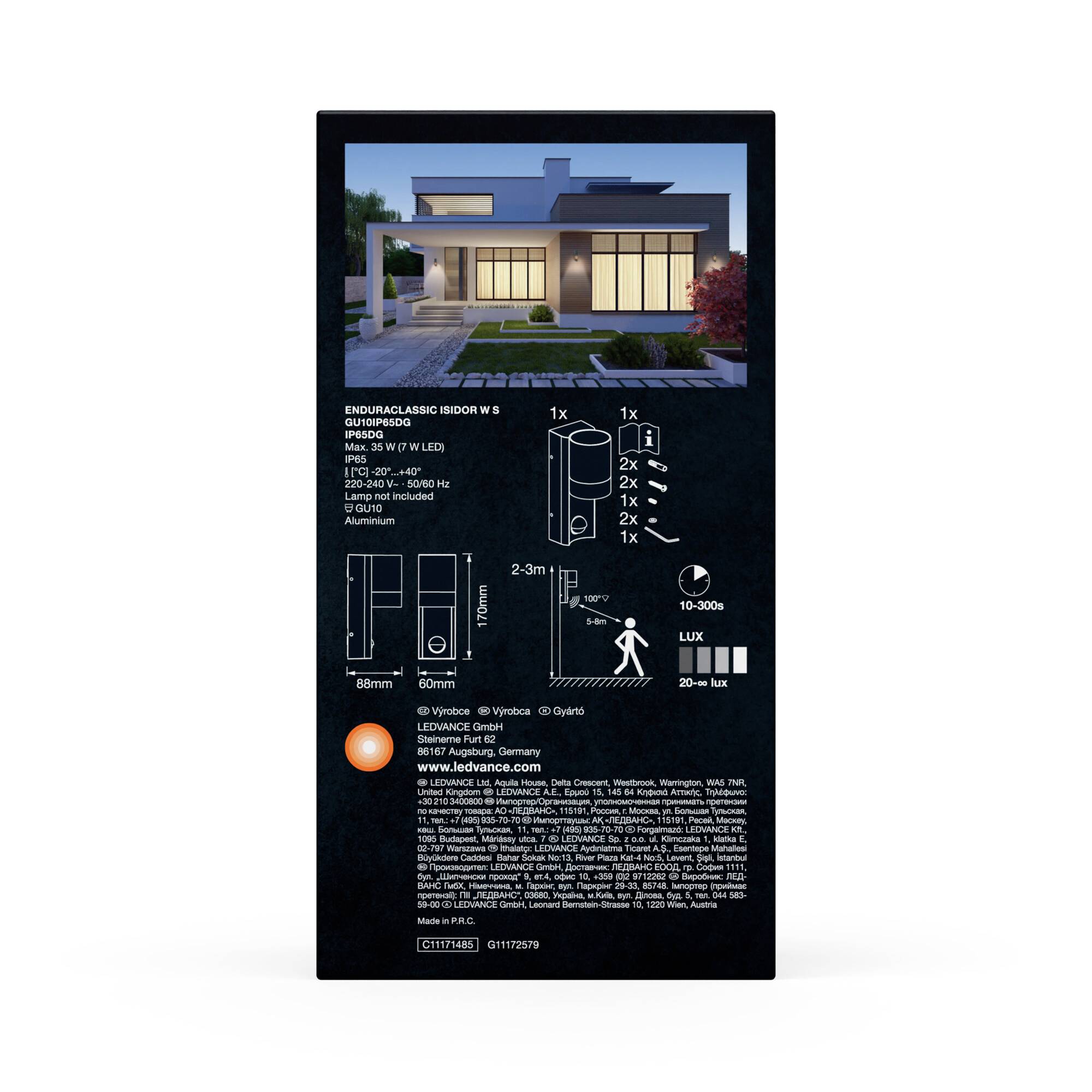 Moderne Außenbeleuchtung für ein Haus, Produktbild mit Beschreibung von Funktionen, Installationsanleitung und technischer Spezifikation.