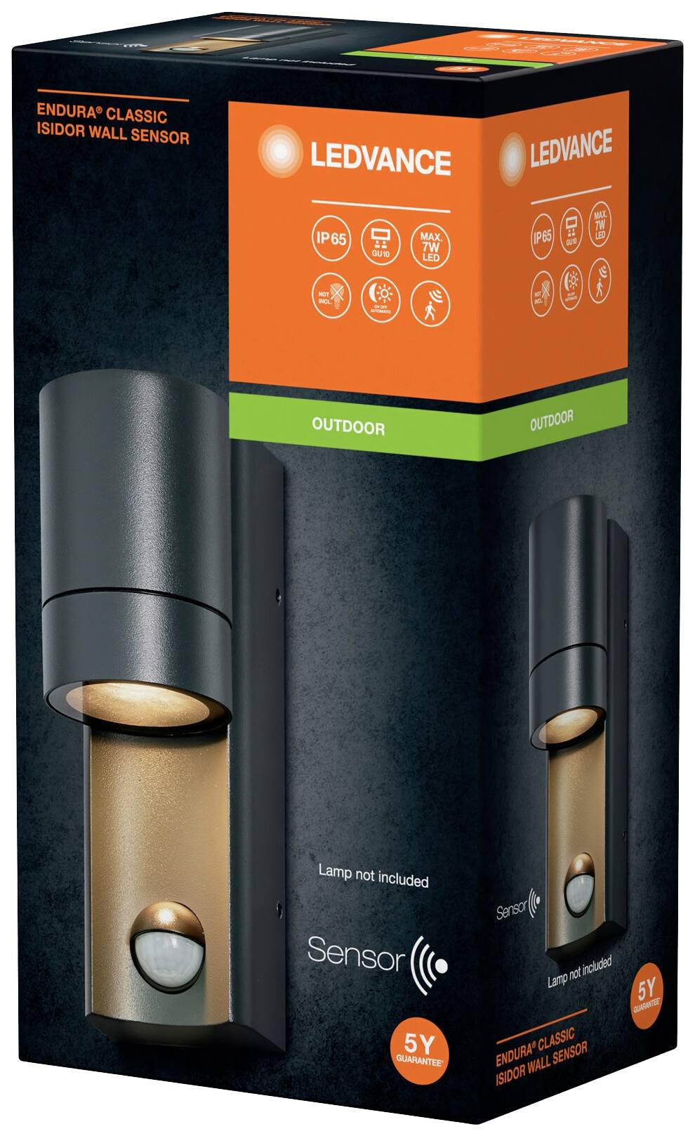 Wandleuchte-Sensorverpackung mit LEDVANCE-Logo, 'Outdoor', IP65, und 5 Jahre Garantie. Lampe nicht enthalten.