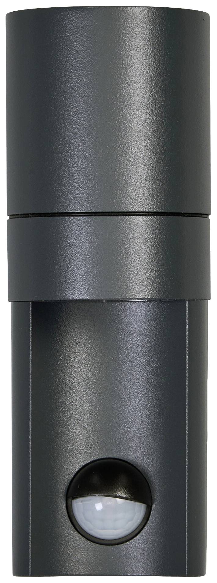 Eine graue, zylindrische Außenlampe mit integriertem Bewegungsmelder.
