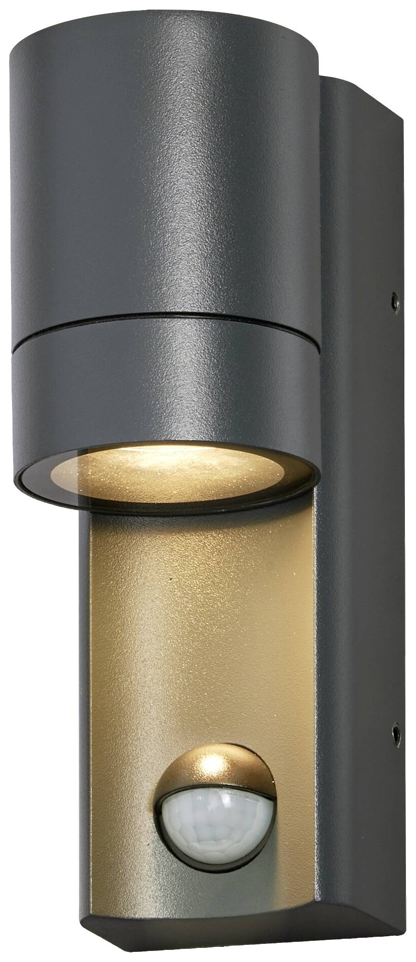 Außenwandleuchte in zylindrischer Form mit integriertem Bewegungsmelder, strahlt warmes Licht nach unten aus.