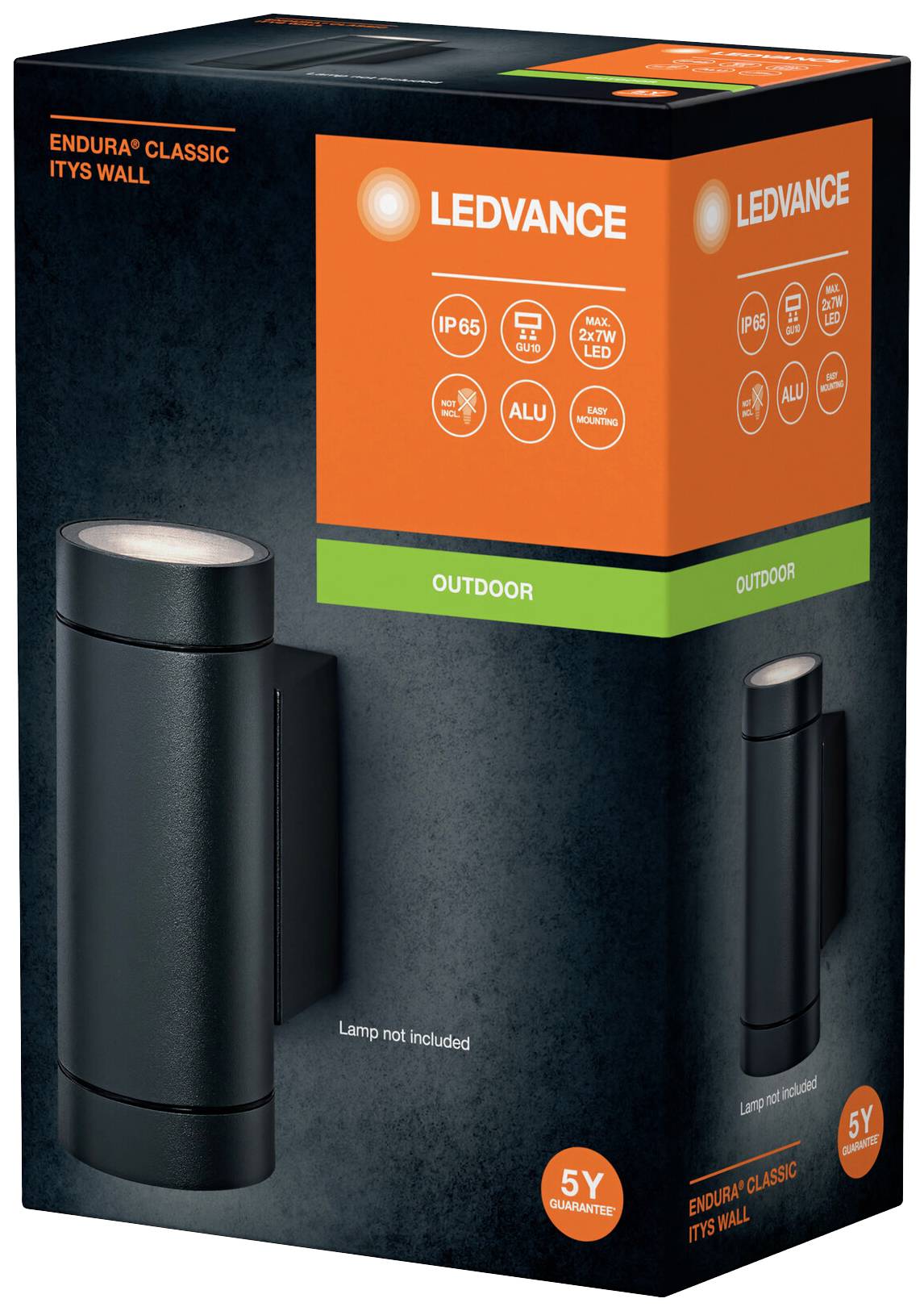 Die Verpackung zeigt eine LED-Wandleuchte von Ledvance für den Außenbereich mit den Angaben 'IP65', 'ALU', 'GU10' und '5 Jahre Garantie'.