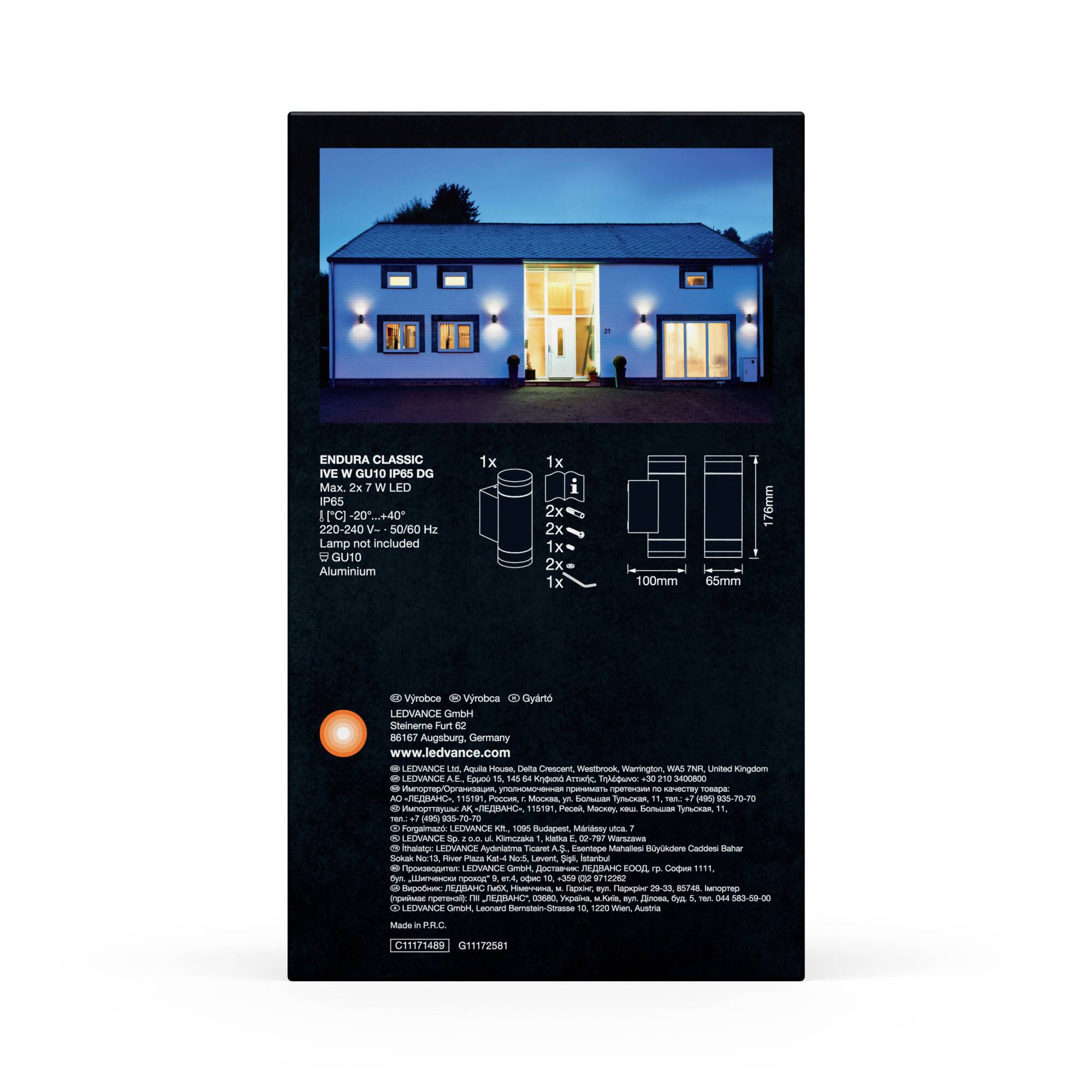 Verpackung einer Außenleuchte mit einem Bild eines beleuchteten Hauses. Details zur Größe, Installationsoptionen und Herstellungsland.