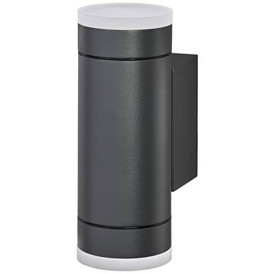 Schwarze zylindrische Außenwandleuchte mit Lichtabstrahlung nach oben und unten. Minimalistisches Design passend für moderne Gebäude.